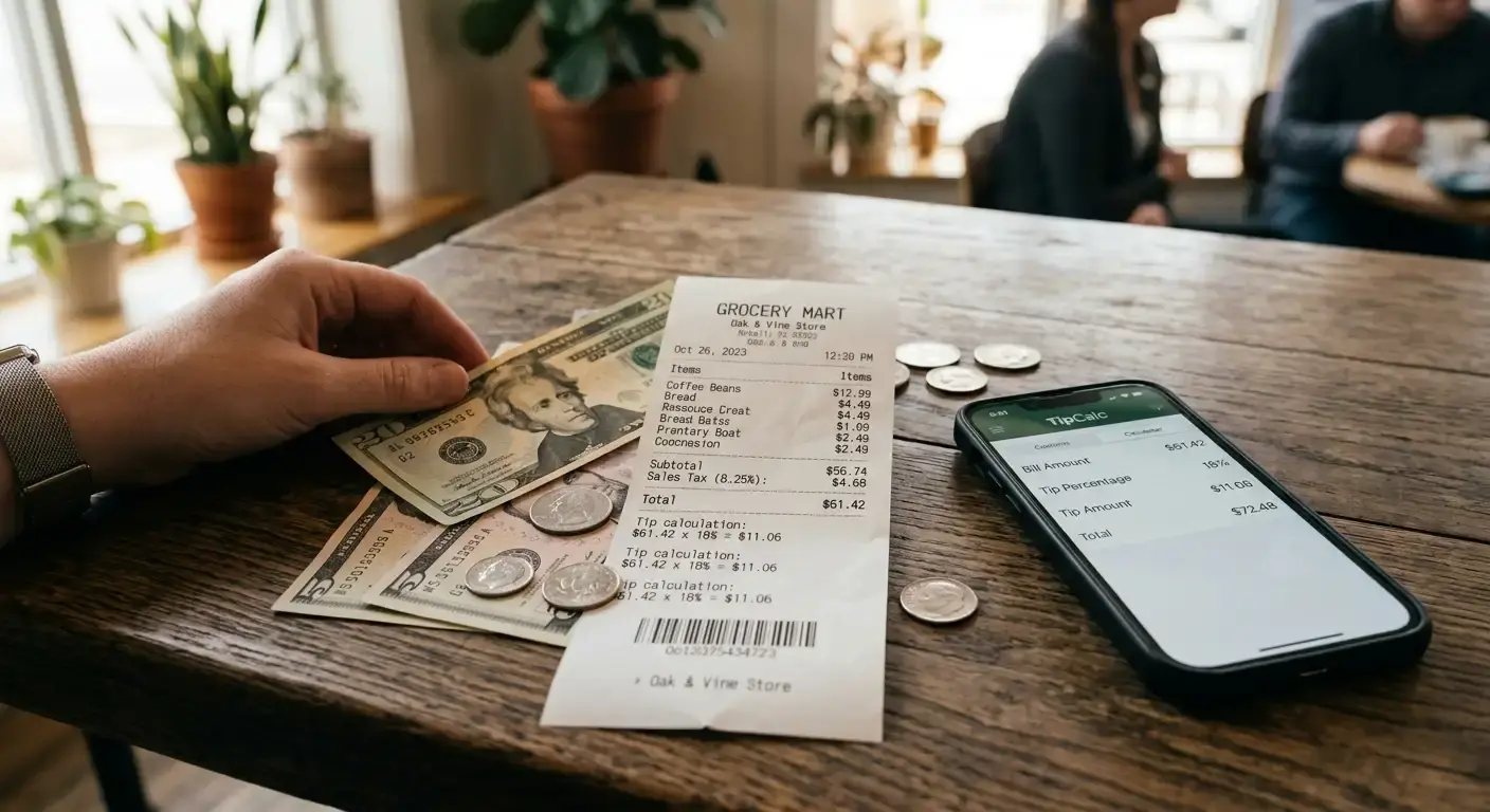 Shopping receipt with cash and coins on a wooden table — everyday percentage math in action
