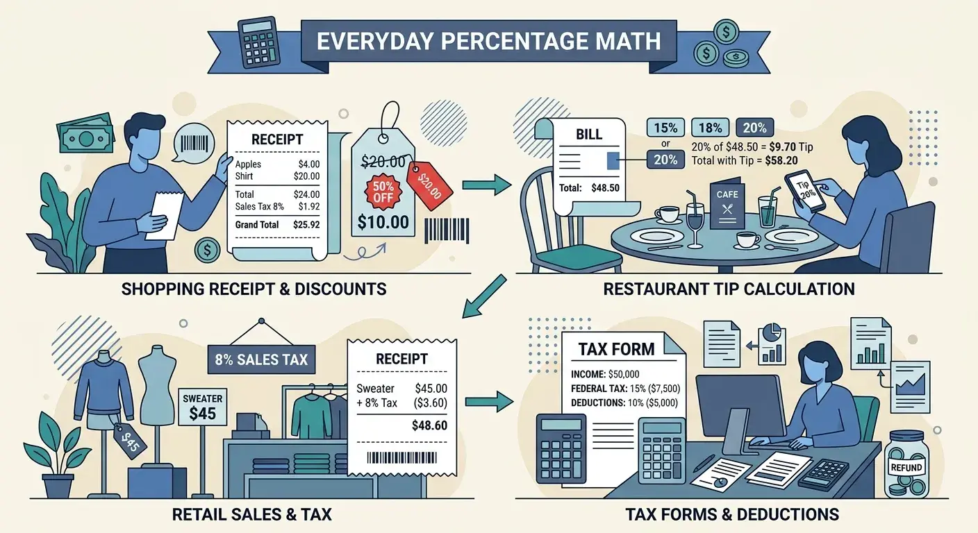 Everyday percentage math: shopping receipts, restaurant tips, tax forms, and discounts