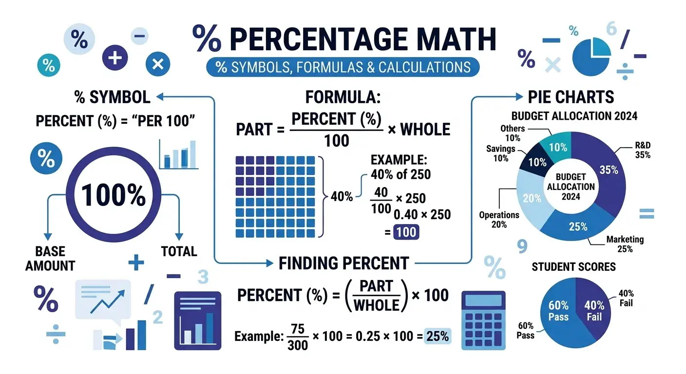 Percentage math formulas, pie charts, and calculation examples